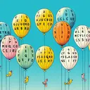 Create an image showing a playful scene where six different colored balloons are floating in a clear summer sky. Each balloon is unique and decorated with scrambled letters. These letters correspond to individual words: balloon one with 'GJAUDRO', balloon two with 'ARBCUE', balloon three with 'EUPQIO', balloon four with 'MCLICISO', balloon five with 'PEASRA', and balloon six with 'NEIST'. Make sure the image is appealing but contains no written text except for the scrambled letters on the balloons.
