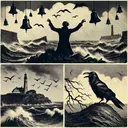 Generate an appealing image to symbolize a literature quiz. The image might show symbolic representations of the elements involved in the mentioned questions: ringing bells indicative of 'The bells' by Edgar Allan Poe; a harsh coastal scene demonstrating the power of winds; and a foreboding raven symbolizing death, aligning with the connotative meaning in Poe's 'The Raven'. The image should be without any textual content.