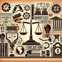 An image indicative of the Progressive Era, but without any text. Showcase symbols such as scales representing justice, light bulb indicating innovations, and books symbolizing education to represent social reforms. Also display elements that suggest regulation and control over corporate powers, such as handcuffs or a gavel. The visuals should hint towards a time of social and political change but avoids referencing civil war, slavery, or westward expansion.