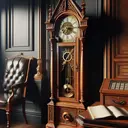 An exquisite antique wooden grandfather clock, featuring intricate carvings and a pendulum, displaying a time of 7 o’clock. The tall clock stands alone in the quiet corner of a dimly lit room. The golden hands of the clock point towards 7, creating an angle. The room is tastefully furnished with a vintage mahogany study desk and a high-backed leather armchair beside the clock. A well-worn trigonometry book lies open on the desk, but no text or numbers are visible.