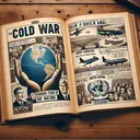 Design an image where an open history book lays across an antique wooden table. On the open pages, there are illustrations related to the Cold War era: a globe highlighting South Carolina and the international borders, American aircraft in action for Berlin Airlift, worried faces of people symbolizing fear of nuclear war and the United Nations emblem explained. The image should have a vintage, sepia-toned aesthetic. Please make sure the image contains no text.