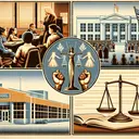 An aesthetically pleasing visual representation that encapsulates the following scenarios: a group of concerned parents shown in a candid discussion possibly regarding the education of their children, a depiction of a school suggesting an ongoing court case, the symbol of scales of justice highlighting the balance or imbalance of school equalities, and a text document representing a manifesto. Should the image be in neutral colors, please ensure it portrays a historical context relevant to a period of school integration crises, yet remains devoid of any textual content.