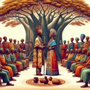 Figurative illustration of an African traditional wedding ceremony happening under a wide baobab tree. Picturize a male and female, both of African descent, standing in the centre, facing each other. They're wearing traditional African garments with vibrant colours and intricate designs. The man is holding a ceremonial stick symbolising authority, whereas the woman is holding a clay pot symbolising domesticity. Surround them with a mixed group of men and women, showcasing a variety of reactions reflecting diverse perspectives on the event.