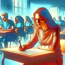 Create an image that symbolic representation of the scenario described in a question. Depict a classroom setting with a Caucasian female student, named Danielle, appearing unhealthy and uncomfortable. She is deeply focused on a difficult test on her desk. Around her are other students, of varying genders and descents, all engaged in the same examination in a calm and tranquil atmosphere. The image should be in vibrant colors to make it appealing, but must contain no text.
