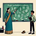 Visualise an image that reflects the concept of proper punctuation in sentences without any text. For instance, a picture could depict a teacher (South Asian woman) pointing to a chalkboard with various punctuation marks drawn on it. Alongside her, a student (Hispanic boy) is attentively observing, holding a notebook and pen in his hands. The background hinting at a simple classroom setting. To subtly reference the theme, there could be a pair of shoes (Bailey's shoes perhaps) placed near the board and a hand-drawn arrow on the board pointing towards a corner.