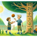 Visualize the following scene. A sunny park with a chronological representation of two boys named Max and Michael. Michael being taller to signify he is older. For the 4 years ago timeline, depict them playing catch with a ball to signify the time they spent together. They are standing near a tree which has '25' carved into the bark symbolizing their combined age at that time. Now, depict the present timeline, with both boys looking older and Max being a bit taller but Michael still taller than Max to signify that Max is 5 years younger. Remember, the image contains no text.