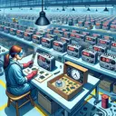 Visually represent a scene in an electronics factory where clock radios are being produced and inspected closely for quality control. Among the thousands made, there are stacks of clock radios in mass production ready for inspection. On a table nearby, a Caucasian female worker wearing protective eyewear is testing a tiny sample of 14 random radios from the big batch. Also depict a transparent defective radio prominently to symbolize a possible flaw. Keep the environment realistic with worktables, electronic parts distributed around, and bright overhead factory lights.