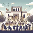 An image illustrating a narrative scene of an ancient tribal quarrel. Show people engaged in a passionate discussion against a backdrop of an under-construction building, resembling an old Middle Eastern structure. Incorporate symbols like olive branches or white flags to represent conflict resolution. This scene takes place under a clear, daytime sky. There should be no text in it.