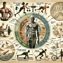 Visualize a collage featuring elements of various fitness concepts. Picture first a muscular upper body demonstrating the concept of muscular strength and endurance. Then, visualize images representing circuit resistance training, showcasing activities such as lifting weights, doing kettlebell swings, or jumping rope. Add elements representing cross-training, like swimming, cycling, and hiking activities, showcasing their benefits on joints. Next, depict concentric muscle contraction with a simple diagram of a muscle being shortened. Finally, add imagery of anaerobic exercises like sprinting along with an image of someone stretching, emphasizing flexibility and safety in fitness.