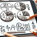Draw an appealing and engaging educational image for mathematics depicting the calculation of adding fractions. The fractions needed to add are '2/5' and '11/25'. The image should include two different fraction models: a circle divided into five equal parts, with two parts shaded to represent 2/5 and a circle divided into 25 parts with 11 parts shaded, to represent 11/25. Also include arithmetic symbols (+ and =) aligning the two fractions, implying an addition operation. Please make sure no text is included in the frame.