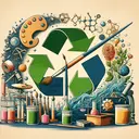 Illustrate an image featuring an art-related item, such as a paintbrush or palette, intertwined with objects representing recycling, like a recycling bin or products made from recycled materials. Then, blend these elements with a background symbolizing the field of science, such as a laboratory setting or scientific equipment. The image should represent the symbiosis between art and conservation science. Please keep the overall aesthetics pleasant and ensure there is no text in the image.