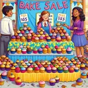 Please create an enticing illustration of a bake sale. In the foreground, have a display table draped in a colorful tablecloth and laden with a mix of 105 enticing cupcakes of various sizes, suggesting their different prices. They should be decorated with various joyful and creative decorations, such as sprinkles and edible flowers. Also showcase a few students, of diverse descents and both genders, belonging to a yearbook club, actively selling and handling the cupcakes with enthusiasm. The image needs to be vibrant and appealing, encapsulating the spirit of a school bake sale fund raiser.