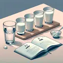 Visualize an image of a culinary scene. Display a countertop with a recipe book laid open. On the countertop, arrange four cups: one clear glass filled with water and three identical white ceramic cups filled with milk. The glass of water and the cups of milk should be laid out to demonstrate the proportion of the recipe's ingredients, 1 part water to 3 parts milk. Do not include any text on the image.