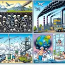 Create a detailed picture containing five different panels. In panel 1, depict an underground graveyard of dinosaur fossils morphing into petroleum oil–a representation of fossil fuels. In panel 2, illustrate a factory churning out thick black smoke–a representation of the acid rain caused by the use of fossil fuels. Panel 3 shows a windmill gently turning on a hill, a symbol of renewable energy. Panel 4 shows our planet Earth sweating and uncomfortably hot while in the background, a glider soars in the sky: an image depicting the contribution to global warming. Finally, panel 5 presents the steps towards energy conservation: a person caulking windows, another using a cloth shopping bag, and a third washing clothes in cold water.