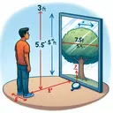 Create an illustration that shows a young Hispanic man, identitifed as Wyatt, standing 3 feet away from a mirror placed on the ground. Wyatt is 5.5 feet tall. He's looking into the mirror and can see the top of a tree reflected in it. The tree is located 7.5 feet away from the mirror. Ensure to show these exact dimensions of distance in the illustration. The figure of a tree, a mirror and a man, allow all these figures to provide a visual context for a problem involving geometry and measurement, but do not include any text in the illustration.