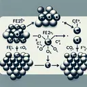 A legible and appealing illustration of a chemical reaction where iron oxide is converted into its metallic form, symbolized by groups of spheres. The spheres that represent the starting materials, clusters of Fe2O3, solid and CO, gas, should exist on the left of the image. On the right side, are the spheres representing the products of the reaction, Fe, solid, and CO2, gas. There is a symbolic arrow in between the starting materials and products, suggesting the direction of the chemical reaction. The image should contain no text.