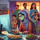 An image of a South Asian female engrossed in a video game on her desktop computer, fully absorbed disregarding her family around her and an untouched dinner on the table. Her face bears a look of intense concentration mixed with frustration. The scene depicts the mother and kids in the background looking concerned while the room is filled with a warm glow from the setting sun peeking from the window.