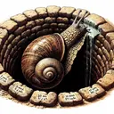 Illustrate a detailed depiction: a snail is at the bottom of a dark, round well. The its texture is slimy and its color is brown with a spiral shell. The well is made of rugged, aged stones. The well's depth should indicate a significant distance. Show the snail's progress after 20 minutes of climbing, broken down into two segments. The first segment shows the snail climbed 23 7/12 inches, and the second segment indicating that the snail climbed further 19 5/6 inches. The snail is now located at a certain height inside the well, adhering to its shell structure with the help of its mucus.