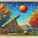 An intricate depiction of a vibrant autumn scene in Delaware. It's a contest where individuals develop innovative cannons and catapults, each designed to launch pumpkins into the sky, aiming to have them reach as high as possible. You can see a pumpkin that just got launched, soaring high in the vibrant blue sky, with an imaginary graph showing the trajectory of the pumpkin along the equation y=15+110x-16x^2. However, remember that there's no actual numbers or text on the graph or the image itself.