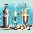 A detailed illustration of a scientific combustion reaction happening in a lab. Show an oxygen cylinder and two clear glass containers, one filled with 2 liters of CH4 gas, and the other empty. The CH4 gets ignited with a spark, causing a controlled flame, while the oxygen is being released in excess from the cylinder. The temperature is represented by an external thermometer at 0 degrees Celsius, and a pressure gauge shows 1.00 bar pressure. Represent the reaction without textual labels.