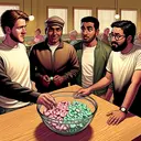 An illustration set in a warmly lit casual restaurant, with a wooden countertop. On the countertop is a prominent glass bowl filled with various colored mints. There are three friends, a Caucasian man Sean, a Middle-Eastern man Fred, and a South Asian man Gene, standing near the bowl, each having a perplexed expression. Sean is seen with his hand about to return four mints back into the bowl, Fred is holding three mints over the bowl, and Gene is throwing back two green mints into the bowl. The composition suggests they each took part of the mints. The bowl appears to have only 17 mints left.