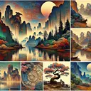 Generate an illustrative image which captures elements of the significance of landscape paintings in Chinese culture. Show a diverse array of these landscapes; one suggesting chaos and discontent, another emphasizing the importance of natural history with ancient trees and fossil imprints, another depicting a tranquil scene in perfect harmony with nature. Keep in mind that these interpretations should not stereotype or limit the complex aspects of Chinese culture. Ensure there is no text in the image.