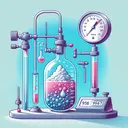 Create an image that illustrates the concept of measuring the density of a gas, specifically hydrogen sulfide, under specific conditions. Picture a glass lab container filled with hydrogen sulfide, with a thermometer indicating a temperature of 56 ºC, and a barometer showing a pressure of 967 mmHg. Please ensure that the image is clear and appealing, but contains no text.