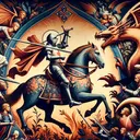 Create an image inspired by medieval religious art. Focused in the middle, present a knight with a Caucasian descent on horseback, displaying heroism going through the challenging task of slaying a dragon. The knight should symbolize goodness and the dragon, evil. The setting is a battle scene against the dragon demonstrating the cultural message that good conquers all.