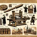 Create a conceptual illustration that visually explains Gutenberg's printing press technology. Depict the key components of the press such as a strong roller, moveable type, specialized ink, and strong paper. In another portion, illustrate a historical scene where religious leaders and the wealthy have access to books, implying the period prior to the invention of the press. Finally, artistically contrast a printed line from a woodcut, depicted as jagged, with a smooth line of an etching. Make sure the image contains no direct text or definitive answers to the provided questions.