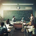 Please generate an appealing image related to math education. The image should depict a classroom setting. Show a group of people of different descents, such as a Caucasian teacher standing at the chalkboard, a Middle-Eastern woman and a South Asian man sitting, engaged in a conversation. Display a series of complex mathematical equations scribbled on the chalkboard, graph papers scattered on the teacher's desk, and calculators in various students' hands. Let the ambient lighting be soft yet clear, along with some potted plants in the background. Please ensure, however, that no text is visible in the image.
