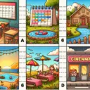 Create a landscape of a classroom setting. Feature a large colorful calendar on the wall showing only six days remaining. In the next scene, showcase a cozy looking house with a summer vibe, maybe kids playing in a pool or a nicely set up barbecue. Transition to a cinema with a sign implying 'Coming Soon'. Lastly, illustrate a restaurant scene with an angry customer leaving. Ensure that these scenes are in lined boxes, labelled from A to D. Make sure the image contains no text.