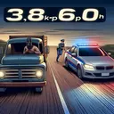 Depict a dynamic chase scene on a straight road during dusk. Illustrate a burglar of ambiguous race and gender in a simple, old-model truck moving at a steady speed. In the background, after a gap representing 2 hours time-lapse, show a Caucasian policewoman energetically pursuing the truck in a sleek, fast police vehicle that symbolizes a speed of 80kph. The setting should highlight the speed of both vehicles and the determined pursuit, without introducing any text into the image.