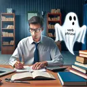 Create an image without text that can be used to accompany a verb phrase exercise. The image should include a ghostwriter focused on his work at a well-lit desk, surrounded by stacks of books. In the room, add a friendly ghost floating curiously over the writer's shoulder, looking at his work. Please make sure the environment looks calming and induces a feeling of concentration and learning.