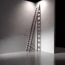 An interesting visual representation of a mathematics problem involving a 25m long ladder leaning against a solid, vertical wall. The floor surface is slightly slippery, indicated by a shiny reflection or a slight glow. The base of the ladder is slipping outwards from the wall, indicated by signs of movement or blurred edges. The pace of the slip is 0.3m/s. At this point in time, the top of the ladder is exactly 20m above the ground. No characters or humans are in the scene, leaving the focus solely on the ladder, wall, and floor.