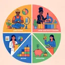 Illustrate an image consisting of four sections, divided similar to a pie chart. Each section represents a different concept. The first section illustrates a worker, an Asian male in a helmet and safety gear, engaging in construction work to signify 'earn income'. The second section depicts a Black female scientist in a lab enhancing her skills, denoting 'grow their productivity'. The third shows a Hispanic male setting up a small business, defining 'become entrepreneurs'. Lastly, the fourth section portrays a Middle-Eastern female carefully saving money in a piggy bank indicating 'avoid inflation'. The image should be colorful, engaging, and free from any text.