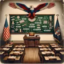 An image that encapsulates the essence of a grammatical quiz without showing any text. In this artwork, visualize an old vintage classroom, with the American flag on one side, a classic teacher's desk and chalkboard towards the front, and row upon row of wooden student desks. On the chalkboard, instead of written questions, there should be indicative doodles or icons representing ideas of 'subject', 'predicate', 'direct object', 'indirect object', and 'preposition'. There are also hints of past American Presidents, such as an eagle (national symbol), top hat (stylized, associated with Abraham Lincoln) and spectacles (generally associated with intellectual figures).