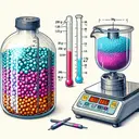 Create a detailed scientific illustration of a laboratory setting. On one side of the image, have a 1.55 liter transparent container holding a blend of two distinct types of gas molecules, represented by different colors, signifying Neon and Argon. The container is placed on a table, and we can see the temperature indicator reading 298K. On the other side of the image, display some weighing scales with weight readings showing 10.0g for two separate piles of different colored spheres, indicating the amount of Neon and Argon in the container. Remember, the image should not contain any text.