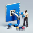 An educational, visually appealing image showing a square foot of vibrant blue wall space being covered in paint, next to a silver pipeline coated freshly by two quarts of same color paint. Nearby stands an African-American man, presumably Terrence, holding a paint bucket containing seven quarts of paint. Portray it in a way that the one can intuitively grasp the concept of the related mathematics problem.