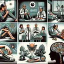 A detailed illustration of various scenes related to mental health awareness and treatment. Include an individual showing signs of depression by expressing intense sadness, a mental health professional like a psychiatrist in a clinical setting, and a woman meticulously tying and untying her shoes indicating an Obsessive Compulsive Disorder. A scene showcasing arachnophobia with a person expressing fear at the sight of a spider, and an illustration depicting the concept of psychotherapy with insight and cognition symbolized by a brain with gears. Remember to not include any text in the image.