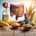 Create a visually appealing image featuring a variety of high-fiber foods typically used in cereal cookery. The image should include whole grain oats, barley, brown rice, corn, and wheat. In the background, portray a healthy digestive system visual concept to signify the importance of dietary fiber. Please ensure that no text is included in the image.