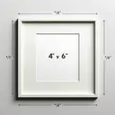 An illustration showing a plain 4" by 6" photograph, with no distinguishing marks or features, inserted in a simple, rectangular frame with a width of 3/4" for each side. The frame has no added decorations or details. The setting is neutral and without distractions so the focus is purely on the framed photograph. Render this image in a realistic and clear manner, emphasizing the dimensions.
