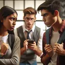 An image depicting a school setting. In the foreground, focus on two students of contrasting descents, a Hispanic female and an Asian male, engaged in an intense conversation, representing a disagreement or conflict. The expressions on their faces should show frustration or anger. In the background, subtly depict a third student, a Caucasian male, who is typing something on his smartphone, symbolizing the act of cyberbullying or spreading rumors. The entire scene should be expressive, dramatic, but still respectful.