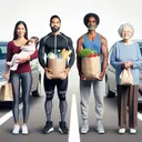 Create an image that illustrates the following: A young Hispanic mother holding her baby, a South Asian man dressed in workout wear, a Caucasian couple holding three bags filled with groceries, and an elderly Black person clasping one bag of groceries. Show them standing near their respective cars in a parking lot, all distanced appropriately from each other, to imply that they may require car service.
