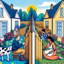 Create a depiction of an amiable scene illustrating the concept of neighbourliness and the role of fences in it. The image should involve a pair of neighbouring houses separated by a well-maintained fence. A diverse scene that includes a Caucasian man in one garden, and a South Asian woman in another, both engaged in spring gardening. Both are looking at the fence between them, suggesting deep thought. It's a sunny day in spring, both gardens are vibrant with blooming flowers but there are no cows, reinforcing the idea from the poem. This visual should symbolize the themes expressed in the poem 'Mending Wall'.