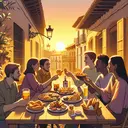Illustrate a peaceful late afternoon scene in a Spanish cafe. Depict an array of delicious snacks on a rustic wooden table, bathed in the warm golden hues of the setting sun. Show a variety of people of different descents such as Caucasian, Hispanic, Black and Middle-Eastern sharing the joyous moment. Each person should be holding different types of traditional Spanish snacks, suggesting the idea of 'la merienda'. Ensure it is clear that no text is intended to be part of the image.