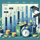 An engaging, graphical representation of a financial investment scenario. The image should visually depict Kenny, a Caucasian male investor, placing $250 into a money box every three months. The money box should be designed to indicate a rise in value with time, symbolizing the 5.2% annual interest compounded quarterly. Background elements could include symbols of time passing like clock or calendar. The endpoint should show a visual representation of $6500, Kenny's goal. Note should be taken to not include any textual elements in the image.