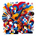 Create an abstract image that visually symbolizes language learning. It should include elements associated with Spanish culture, such as a flamenco guitar and a traditional Spanish fan,/colors of the Spanish flag, and represent boys showing diverse talents such as playing a musical instrument, solving a Rubik's cube and painting a canvas. Remember, the image should not contain any text.