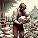 Illustrate the scene from Robert Frost's poem 'Mending Wall'. Show an individual firmly holding a stone in each hand. The person is outdoor, standing near a stone wall that is being repaired or built, capturing the atmosphere of a rustic countryside setting. Remember to abstain from including any text in the image.