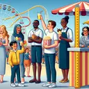 An illustrative image depicting a lively amusement park on a sunny day. In the foreground, a different gendered Hispanic boy and a White girl engaged in the act of sipping lemonades and munching popcorn. Not far from them, a black woman at the entrance gate is seen providing tickets. In the middle distance, there are nine diverse and different roller coasters, with South Asian engineers observing them, ensuring their safety and comfort. And towards the right, a Caucasian man is shown next to a height measure stick, signifying the requirement for riding high-speed rides. It should be void of any text.