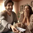 Imagine a scene where a man, ecstatic and smiling, extends two tickets towards a woman who reacted with a joyful shriek. The woman, looking comfortable and astonished, has her hands covering her mouth, reflecting her surprise. The room around them expresses a warm and serene mood, with soft-toned walls and cozy furniture. Capture this moment without any text visible in the image.